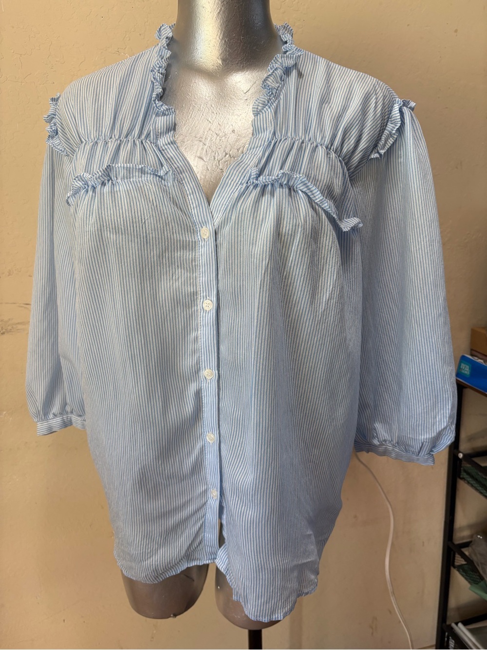 Zara Light Blue & White Striped Ruffle Button-Down Blouse